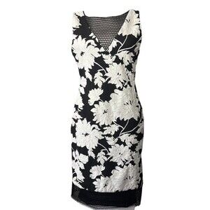 Cache Women's Black & White Floral Sheath Cocktail Dress W/ Fish Net Design Sz 6